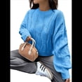thumbnail image 3 of Suéter Informal de Larga para Mujer, Jersey de Punto Acanalado, Holgado, con Cuello Redondo y Cable, para Otoño. Azul S, 3 of 7