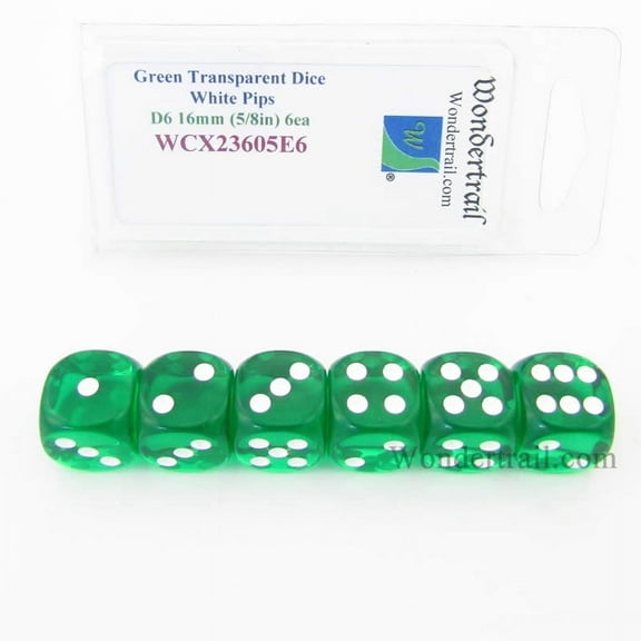Green Translucent Dice with White Pips D6 16mm (5/8in) Pack of 6 Wondertrail