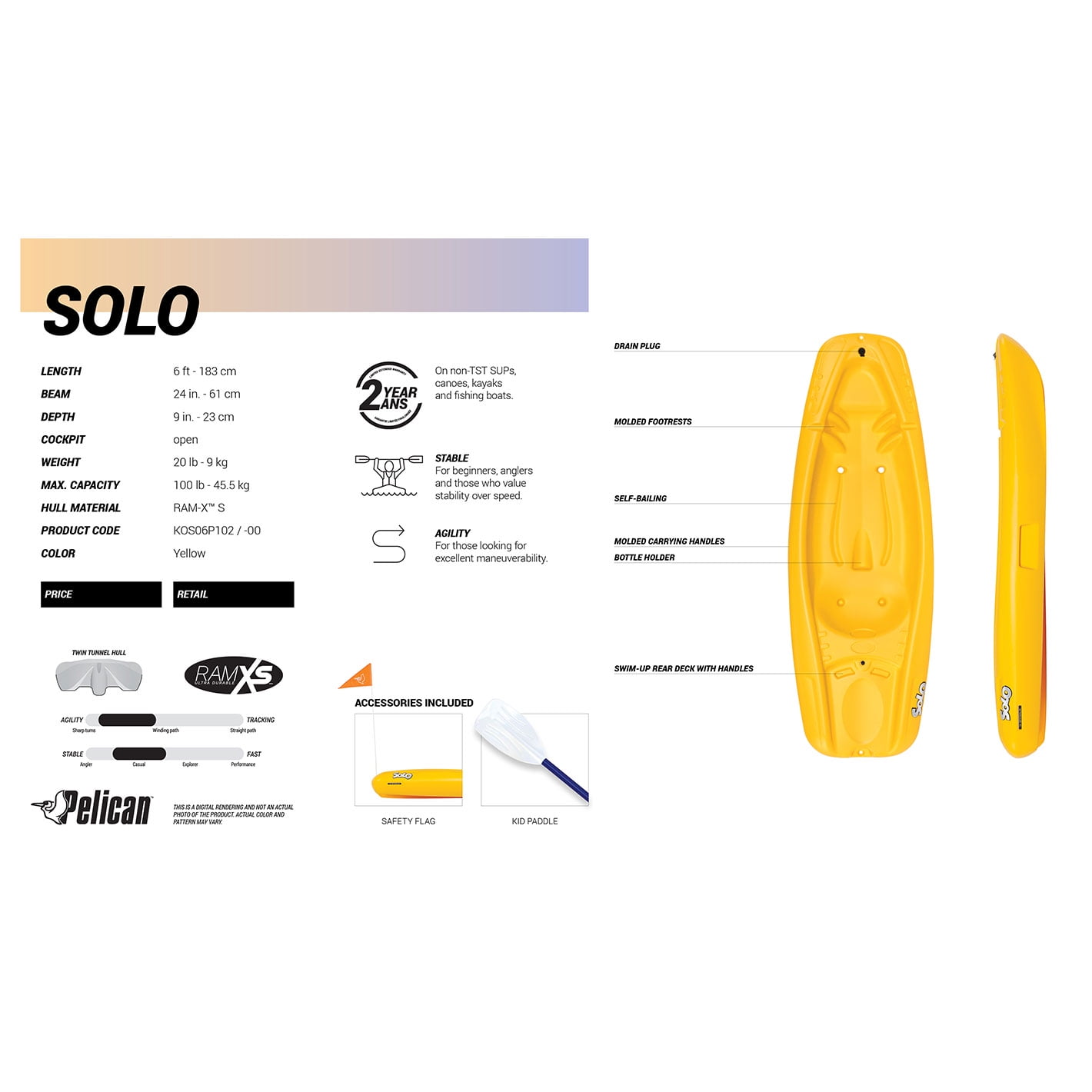 Pelican - Solo - Sit-on-top Recreational Kayak - Youth Kayak - Paddle Included - 6 ft - Mango