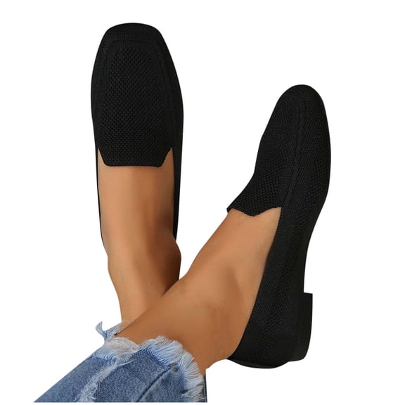 Women's Breathable Knit Square Toe Slip On Flat Loafers Lightweight Non-Slip Soft Sole Casual Walking Shoes Comfortable Ballet Flats Shoes