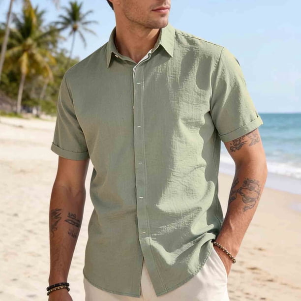 Blusa y camisa de manga corta con cuello vuelto para hombre, color liso, informal, holgada, a la moda, con botones, de manga corta y cuello vuelto, blusa de poliéster para hombre