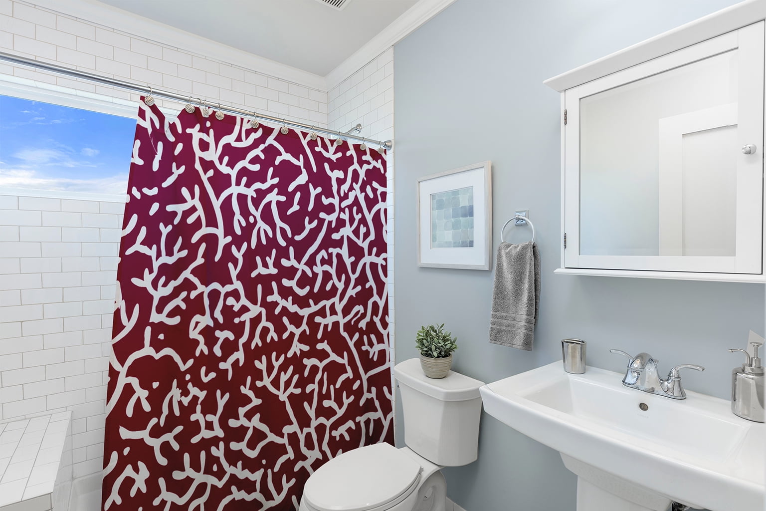 Simply Daisy 70" W x 73" L Seaweed Polyester Shower Curtain, Maroon Red [1 Ct]