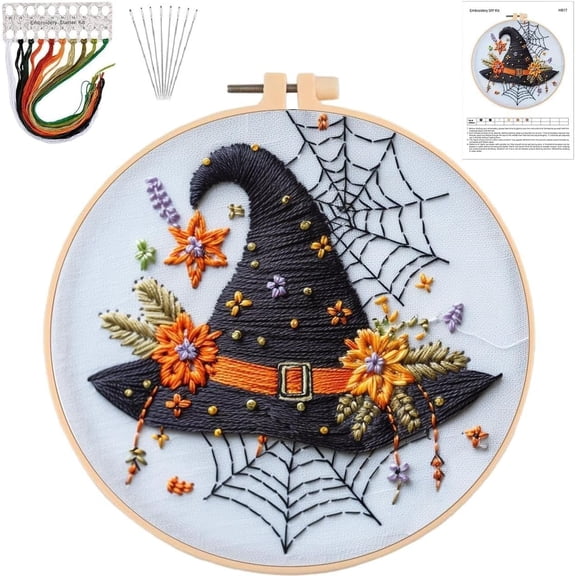 Halloween Embroidery Kit,Halloween Cross Stitch Kit,DIY Embroidery Kits for Adults,Embroidery Kit for Beginners with Pattern,Cotton Threads,Needles,Instruction, Hoop,for Decor Home Room Gifts