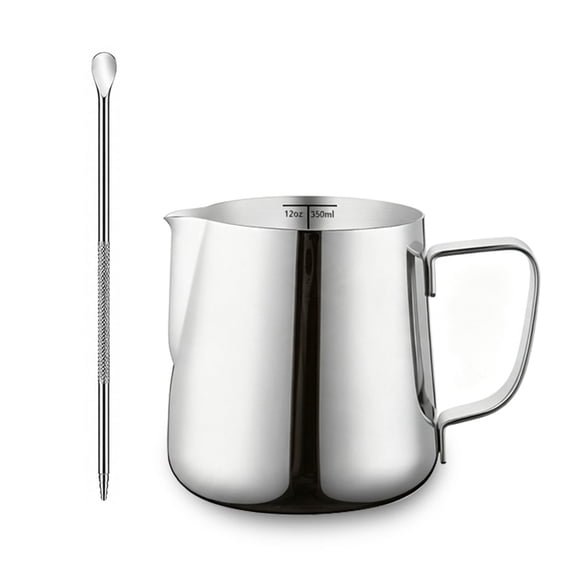 ReaNea Silver Stainless Steel Milk Frothing Jug, 12oz 350ml Barista Espresso Steaming Pitcher with Latte Art Decorating Tool, Coffee Frother Cup for Cappuccino & Latte Design