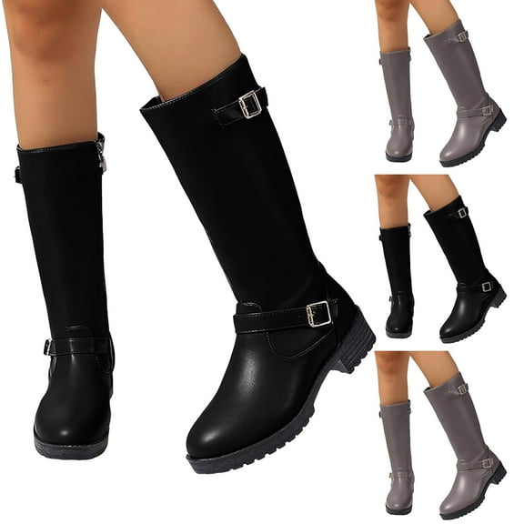 Dakaela Women's Knee High Riding Boots Low Chunky Heel Wide Calf Motorcycle Winter Boot with Buckle