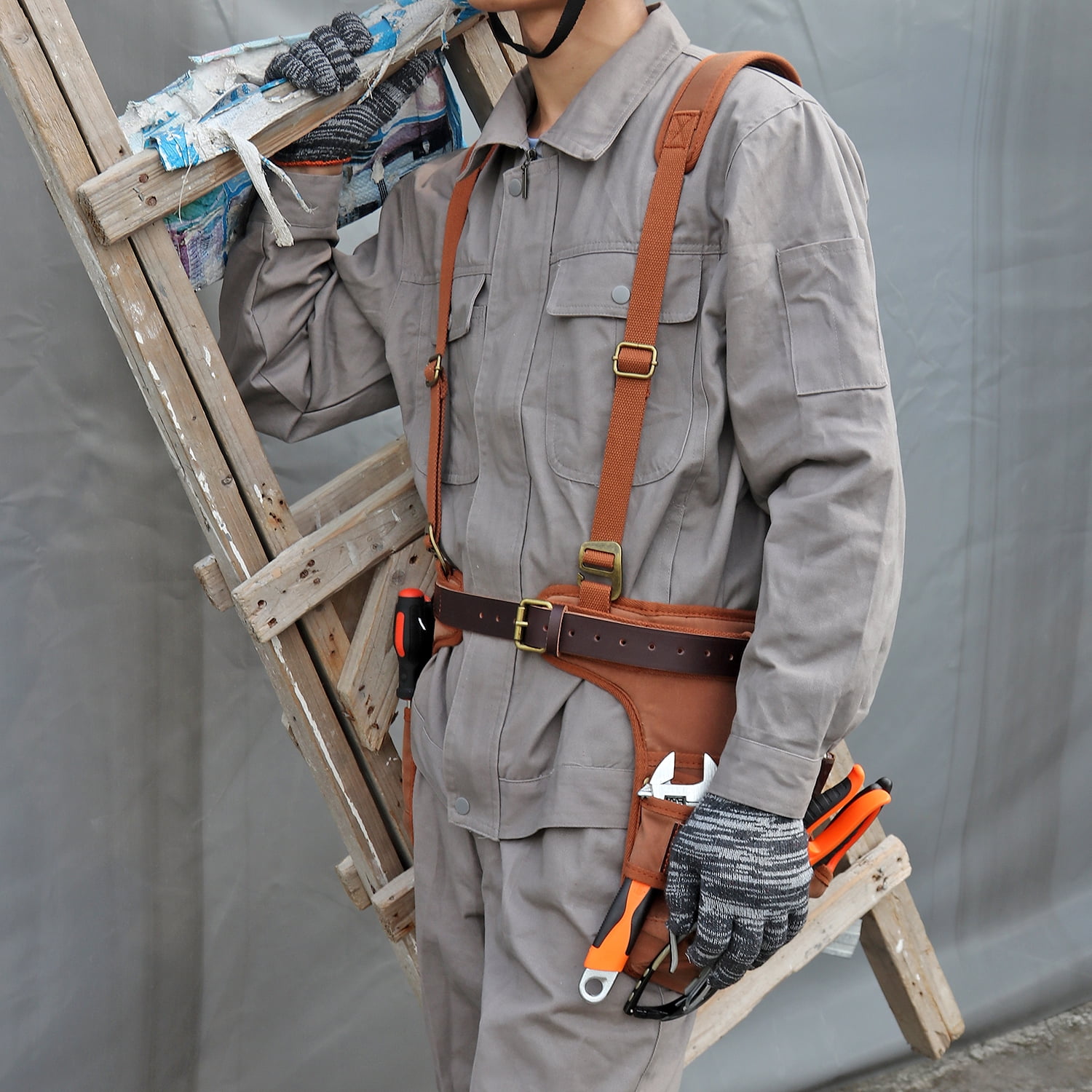 TOURBON Carpenter Framer Work Tool Belt Suspenders Electricians Tool Bag Harness-Brown Canvas