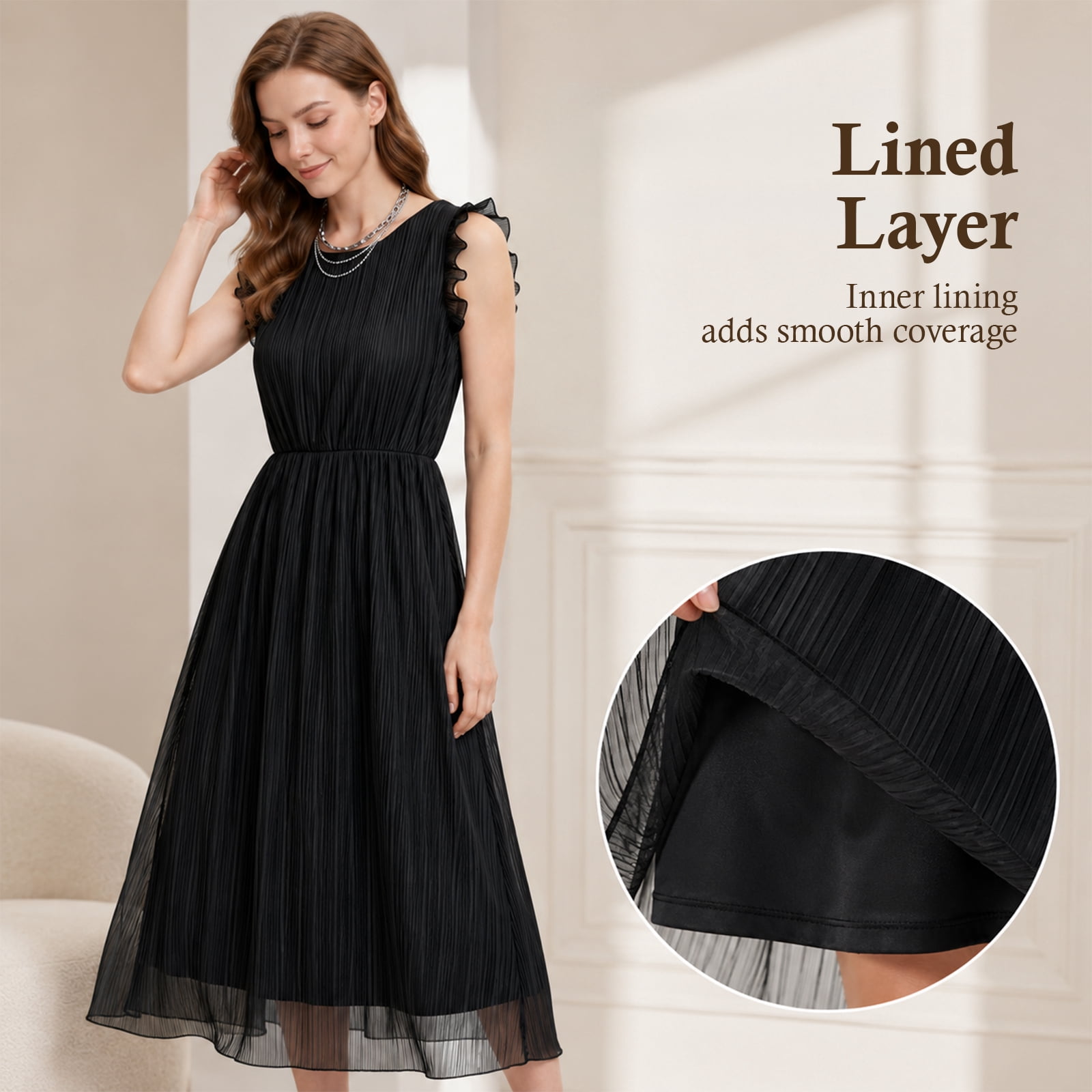 Alvantor Women's Pleated Midi Dress with Ruffle Sleeves, Black