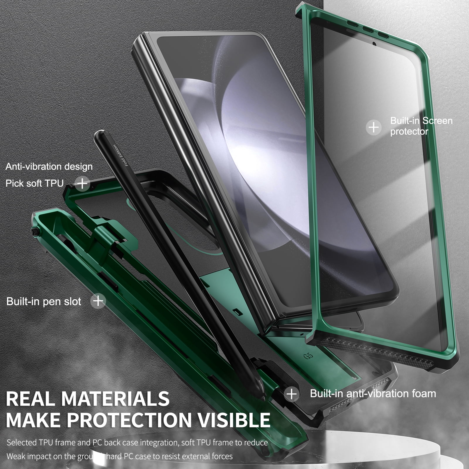 ELEHOLD Rugged Hybrid Case for Samsung Galaxy Z Fold 5 with Built-in Screen Protector Hidden Kickstand Pen Slot Heavy Duty Full Body Shockproof Case with Stylus Pen for Samsung Z Fold5 2023,Green