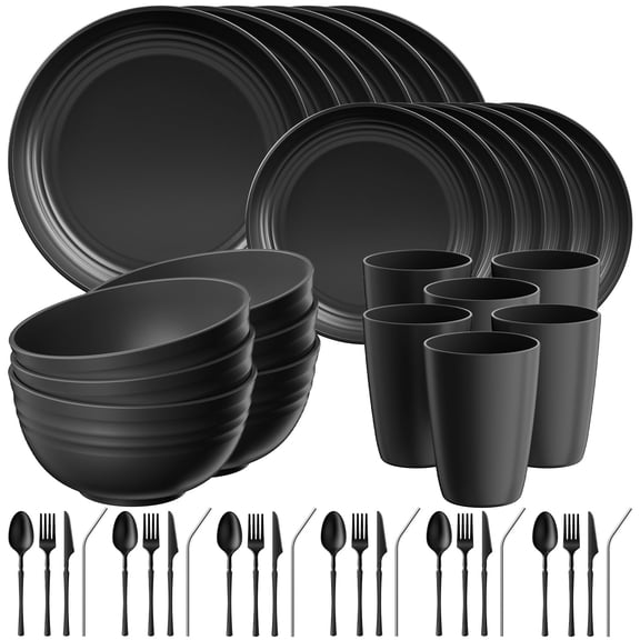 Quatish 48 Piece Plates and Bowls Sets for 6, Unbreakable Dinnerware Sets, Plastic Dish Set for Camping, Dishwasher Microwave Safe, Outdoor Kitchen and Apartment Dinning RV Essentials, Black