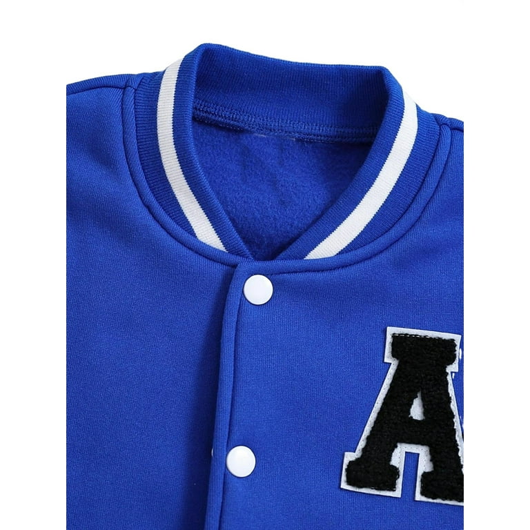 Casual Letter Print Baseball Collar Varsity Long Sleeve Blue and White  Toddler Boy Jackets ( Boy's)