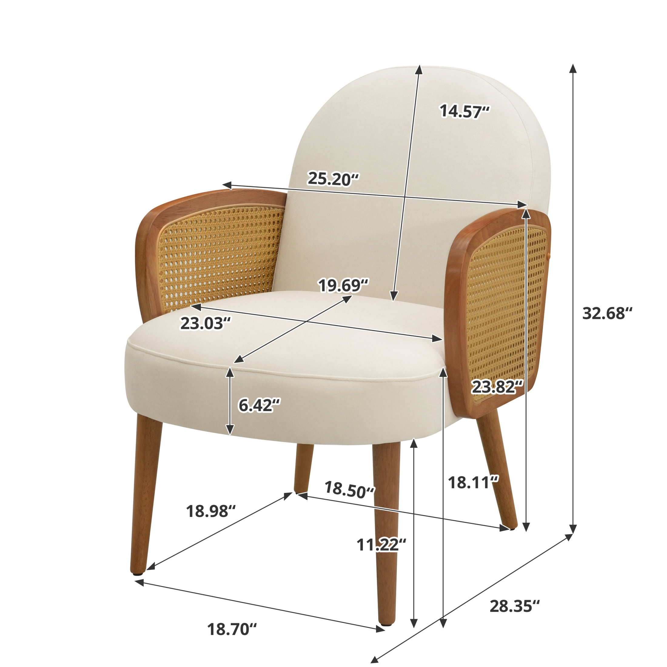 Miles Mid-Century Velvet Upholstered Accent Chair with Rattan Armrests, Solid Wood Legs, Ivory