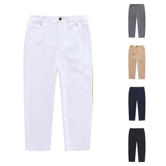 CUZIBR Boys Dress Pants Button Zipper Straight Leg School Uniform With Pockets Solid Color Loose Comfortable Back To School Trousers For Kids Toddler Lightweight Bottoms,White,7-8 Years