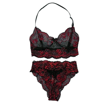 

Sayhi Women Sexy Sheer Floral Lace Pajamas Lingerie Set High Waist Sleepwear Bra And Panty 2 plus Size Maid Lingerie