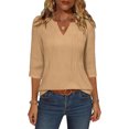 thumbnail image 5 of ClodeEU Women's Summer V Neck 3/4 Sleeve Pullover Top with Pleated, Casual T-Shirt Blouse Khaki,Womens Plus L, 5 of 7