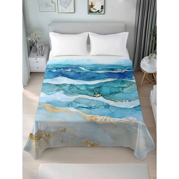 Teal Blue Ombre Queen Size Flat Sheet, Wrinkleproof & Fadeproof Cooling Flat Bed Sheet Only, Modern Coastal Ink Painted Abstract Breathable Soft Bedding Top Sheets 90 x 102 Inches
