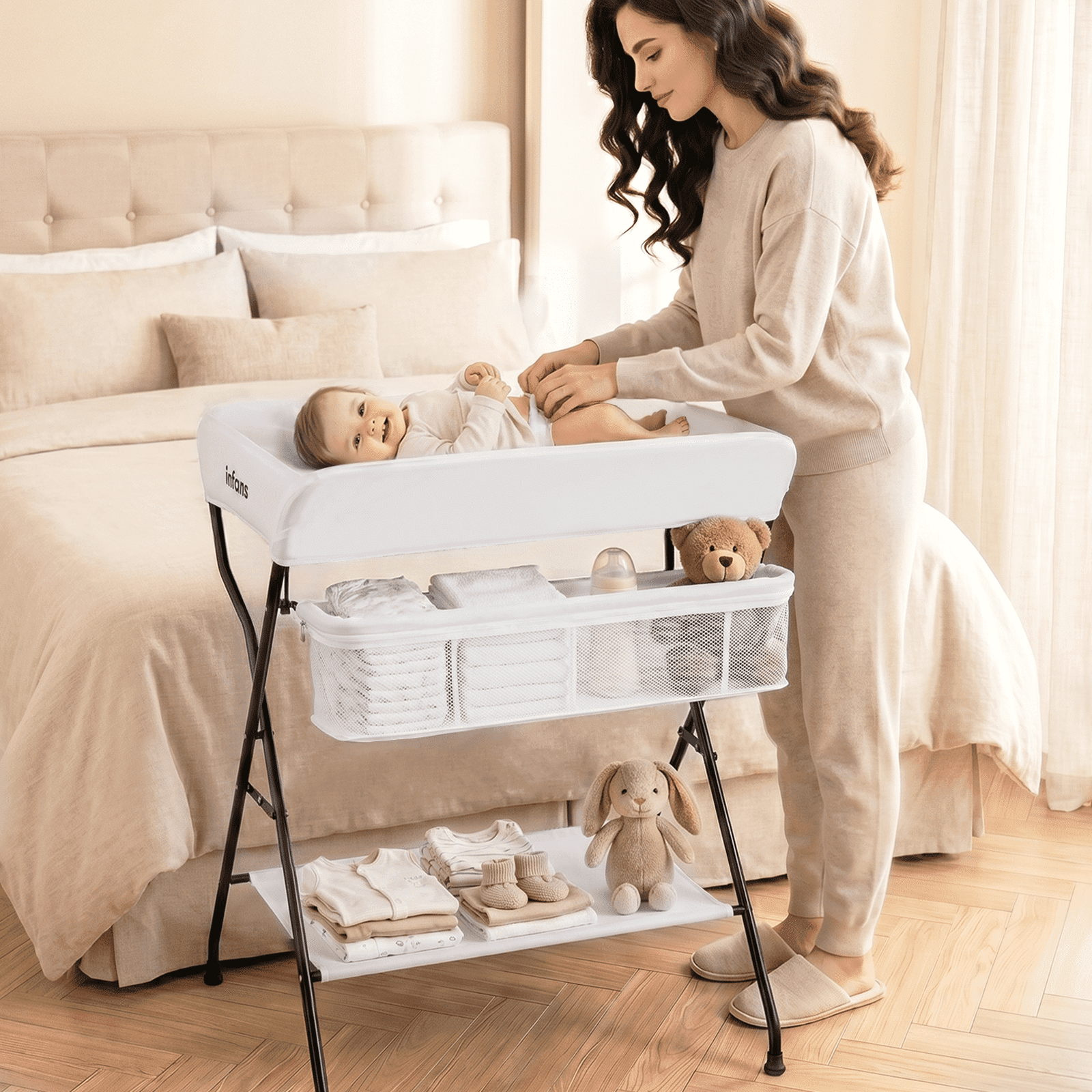 INFANS Baby Changing Table, Folding Diaper Station Portable Nursery Organizer with Safety Belt and Large Storage Racks for Newborn Baby and Infant (White)