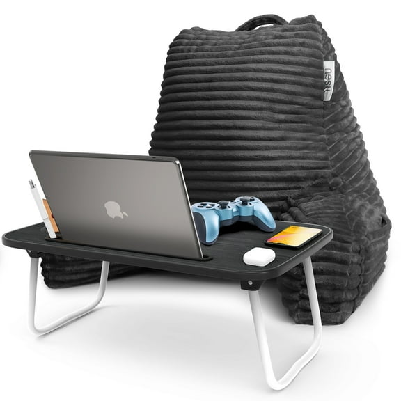 Nestl Reading Pillow Bonus Portable Lap Desk Stand for Laptop 22x14”, Cut Plush Striped Back Support Pillow, Shredded Memory Foam Bed Rest Pillow with Arms - Medium, Gray