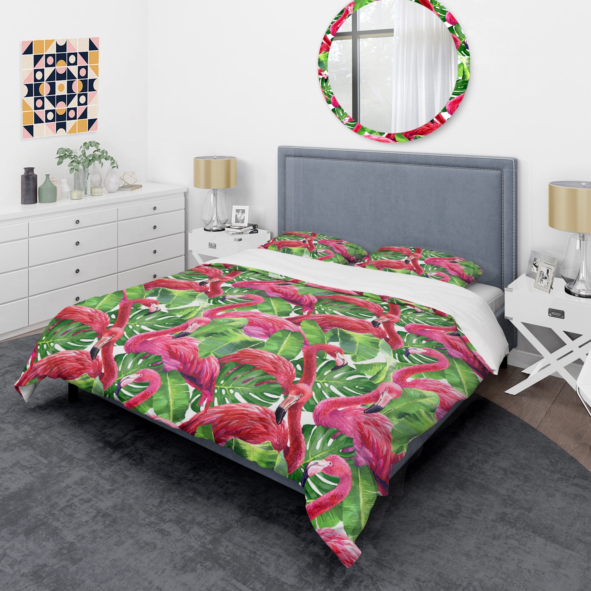 Designart 'Retro Tropical Pink Flamingo' Mid-Century Modern Duvet Cover Set
