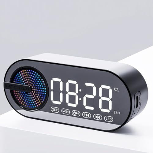 IHAO Altavoces Bluetooth inalámbricos portátiles 4 en 1 Caja de Sonido Multifuncional Reloj Despertador Mini Radio FM Espejo 4 Horas de reproducción Manos Libres, Altavoces con luz LED Ambiental para
