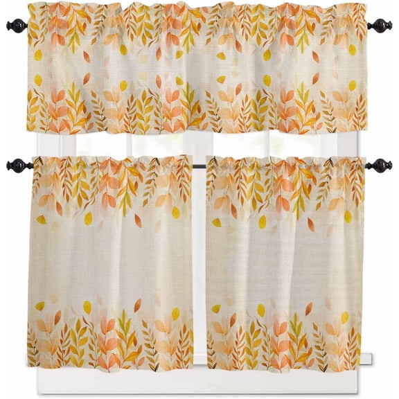 Kitchen Curtains Set, Lemon Yellow Botanical Kitchen Curtains and Valances Set, Rustic Eucalyptus Leaves Burlap Rod Pocket Tier Curtains 24 Inch Length for Cafe/Bedroom Windows