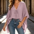 thumbnail image 6 of VBVC Women's Cotton Linen V Neck Tie Front Tunic, Ladies' Loose Batwing Sleeve Blouse, Casual Asymmetrical Vacation Top For Women, Pink , S-2XL, 6 of 9