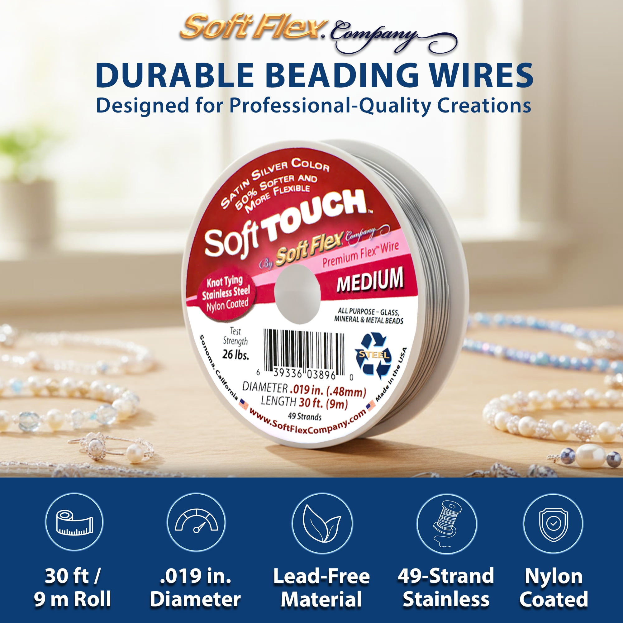 Soft Flex 49-Strand Medium Beading Wire, STW, Satin Silver, 0.019" x 30ft