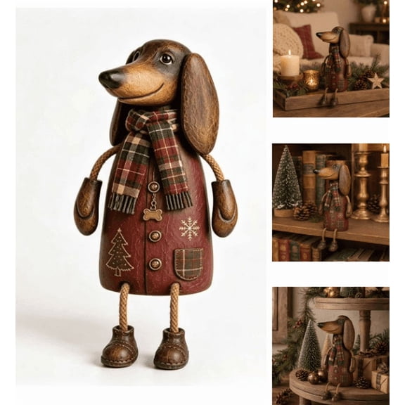 Vintage Christmas Dachshund Shelf Sitter Festive Dog Figurine with Plaid Scarf Rustic Holiday Accent for Mantel Shelf Desk Tabletop Farmhouse Home Decor, Ideal Gift