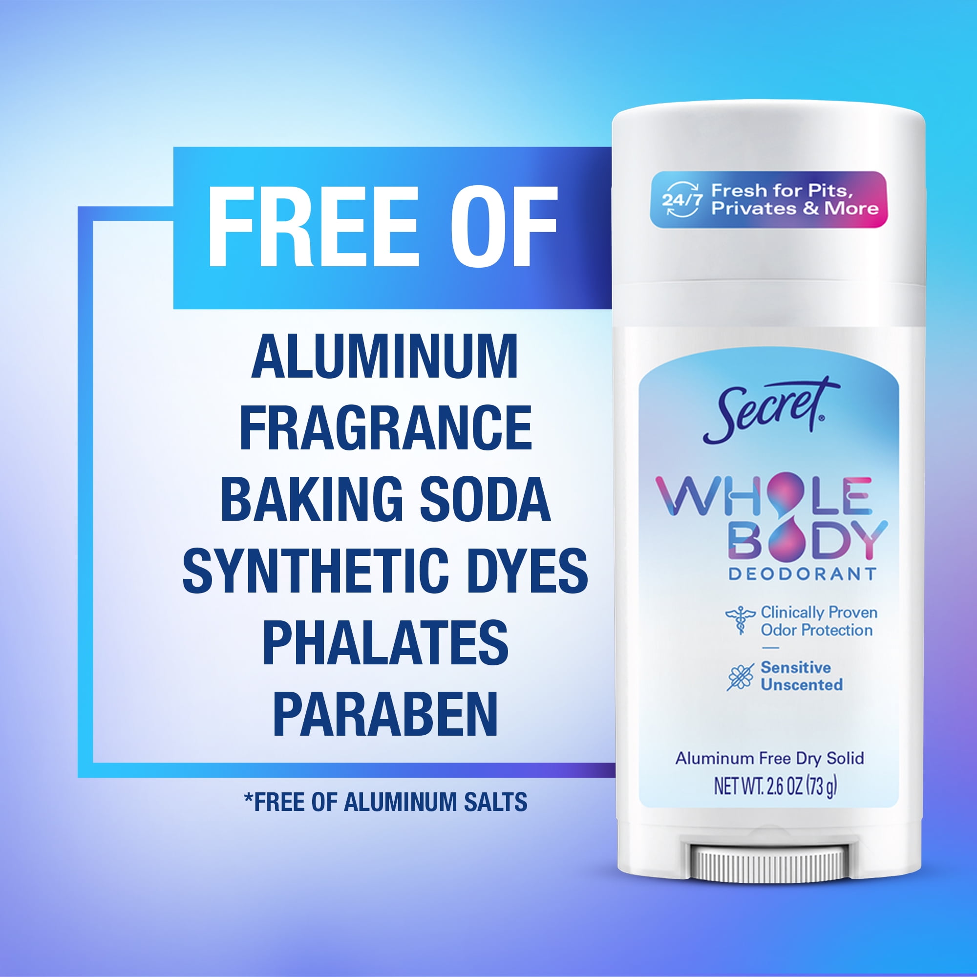 Secret Whole Body Stick Aluminum Free Deodorant for Women Unscented 2.6oz