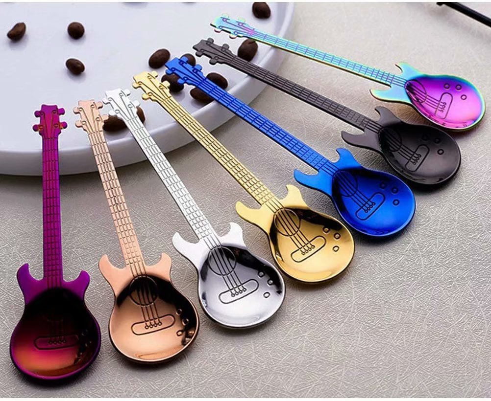 7PCS Gyrategirl Guitar Coffee Teaspoons Stainless Steel Dessert Spoon Musical Demitasse Spoon Kitchen Utensil for Stirring/Mixing/Dessert/Ice Cream Spoon Perfect Gifts for Music Guitar Lover