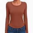 thumbnail image 6 of felwors Womens Long Sleeve Scoop Neck Ribbed Knit Fitted Casual Tops Tee Slim Basic Shirts Brick Red, S, 6 of 6