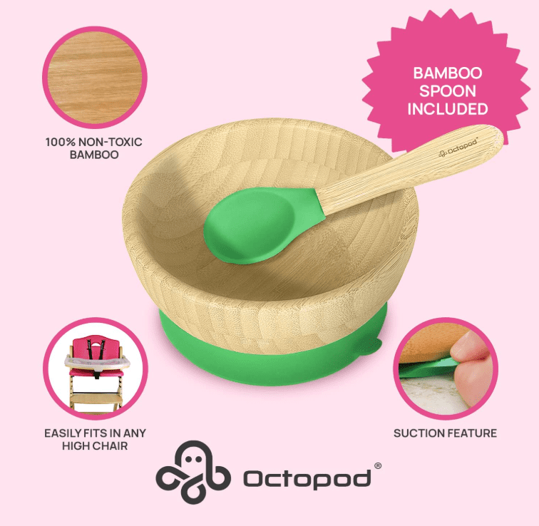 Abiie Octopod Bamboo Suction Bowl -  Baby Bowl with Suction for 4 months and up, High-Chair Bamboo Baby Plate, Mess-Free Toddler Suction Plates, Ergonomic Baby Feeding Supplies - (Green)