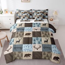 Castle Fairy Deer Bear 7-Piece Twin Bedding Sets,Geometric Plaid Bedding Comforter Set,Hunting Theme Breathable Sheet Sets,Ultra Soft Rustic Home Decor