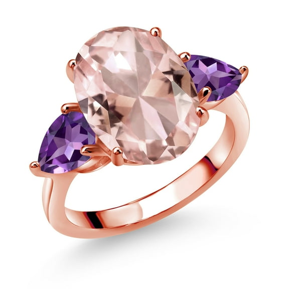 Gem Stone King 18K Rose Gold Plated Silver Peach Nano Morganite and Purple Amethyst Ring for Women (10.48 Cttw, 14X10MM Oval and 7X5MM Pear Shape, Size 7)