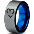 thumbnail image 1 of Tungsten Heart Text Symbol Love Band Ring 8mm Men Women Comfort Fit Blue Flat Cut Brushed Gray Polished, 1 of 4