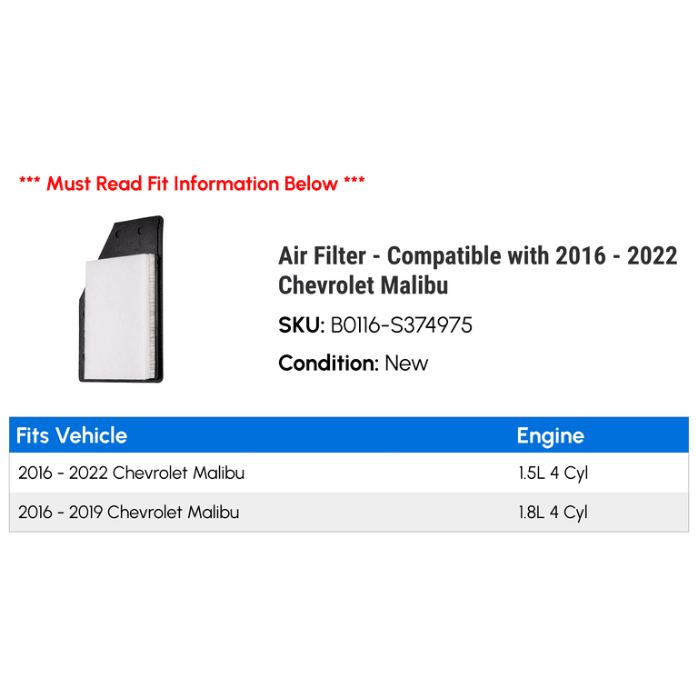 Air Filter Compatible with 2016 2022 Chevy Malibu 2017 2018 2019 2020 2021 2023