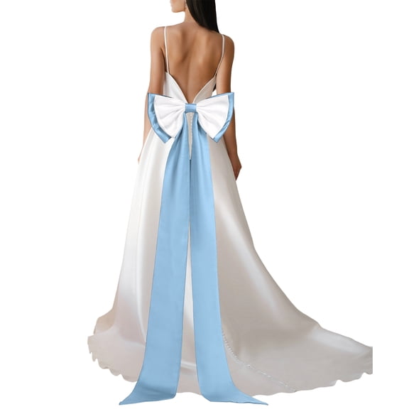 Uxcell Satin Big Bow for Wedding Dresses, Long Detachable Satin Bow Sweep Train for Formal Dress - 59 Inch & Blue/White