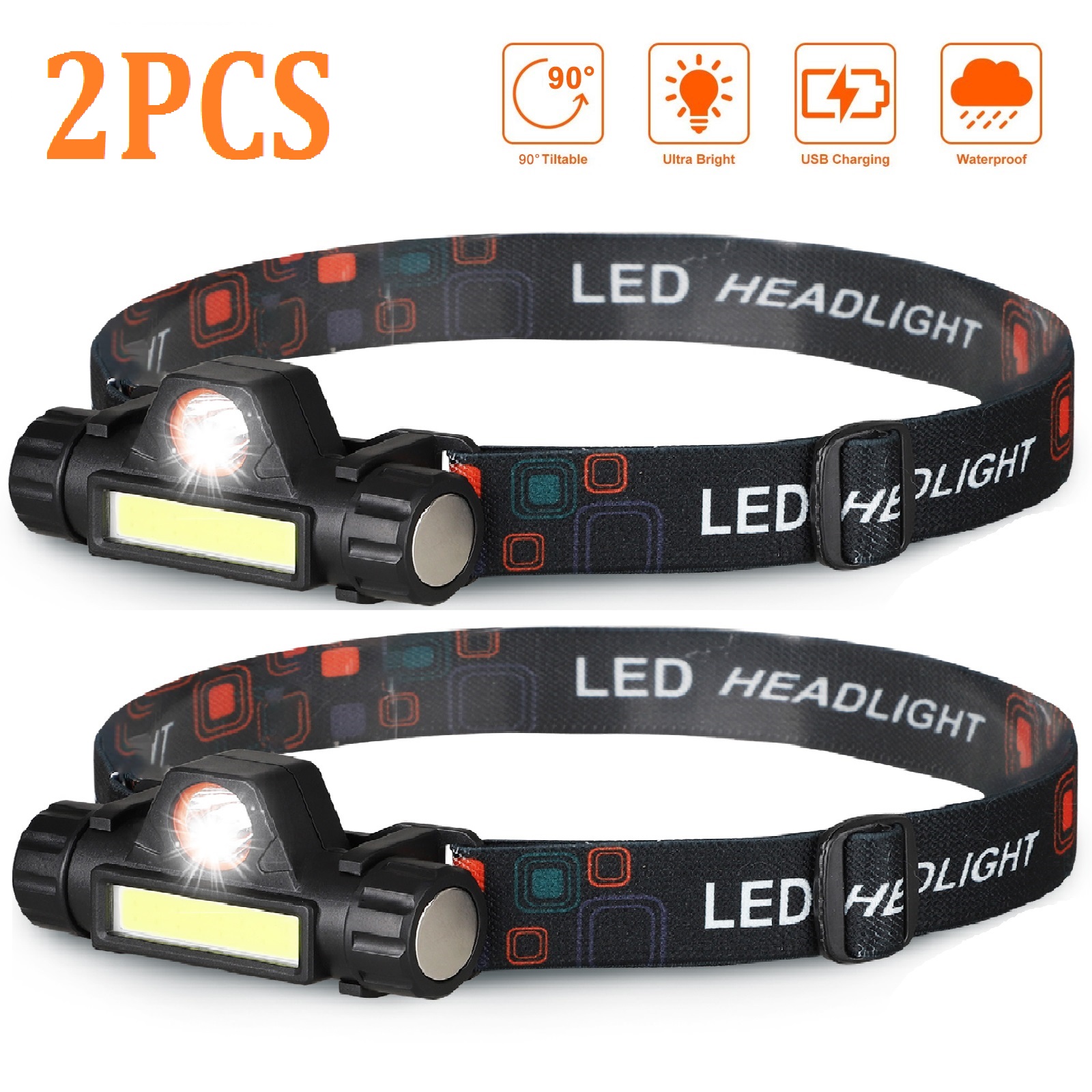 Rechargeable Headlamp 2 Packs, LED Headlamp, Head Lamps for Adults, Flashlight with White Red Lights, USB Rechargeable Waterproof Head Lamp for Outdoor Camping Cycling Running Fishing - image 1 of 8