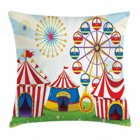Wheel Stripe - Ferris Wheel Throw Pillow Cushion Cover, Illustration of a Carnival with Striped Tents Ring of Fire Starbursts Pattern, Decorative Square Accent Pillow Case, 20 X 20 Inches, Multicolor, by Ambesonne
