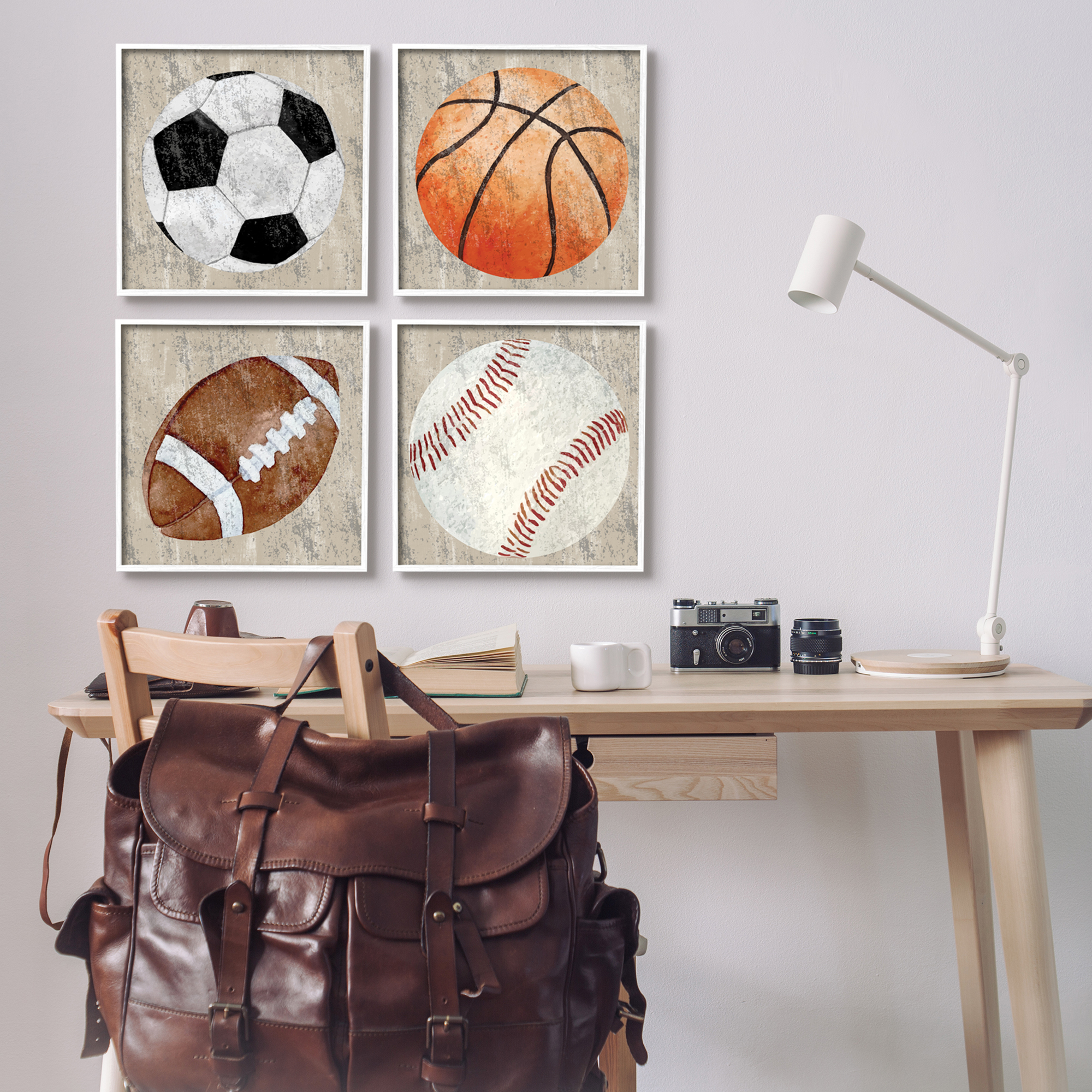 Stupell Industries Various Rustic Sports Balls Art for Kids Painting White Framed Art Print Wall Art, 17 x 17, Set of 4