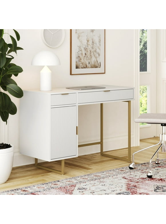 Nathan James Jacklyn White Modern Computer Desk, Workstation or Writing Desk for Small Spaces with Drawers and Cabinet Storage, White/Pale Gold
