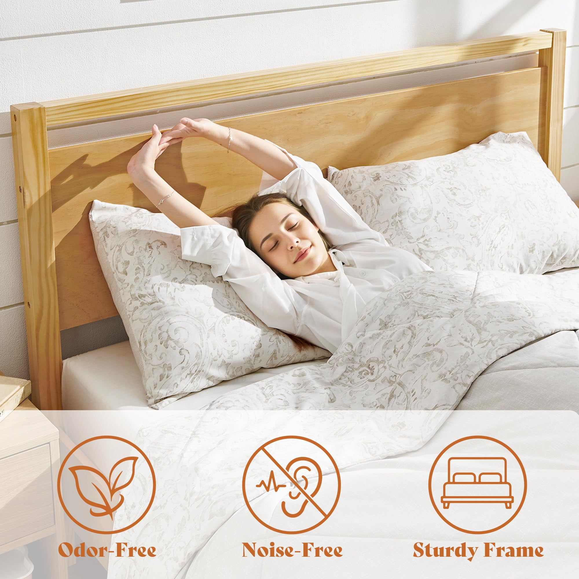 Papajet Queen Size Solid Wood Bed Frame with Headboard, Minimalist Platform Bed with Wood Slats Support, Easy Assembly, Noise-Free, Natural