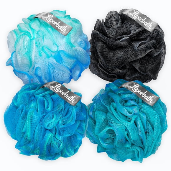 Luxebath Loofah exfoliante corporal – Paquete de 4 – Esponja de lufa suave y suave de grado spa para mujeres y hombres – Multicolor (azul turquesa verde azulado) – Estilo moderno lujoso