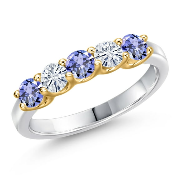 Gem Stone King 10K Two Tone Gold Blue Tanzanite and White Moissanite Wedding-Bands Ring for Women | 0.86 Cttw | Round 3.5MM | Gemstone December Birthstone | Size 6