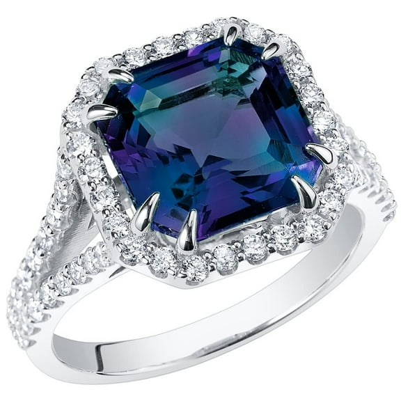 PEORA 5.40 Carats Created Alexandrite and Lab Grown Diamond Ring in 14K White Gold, Color-Changing Cushion Cut, Size 9.5
