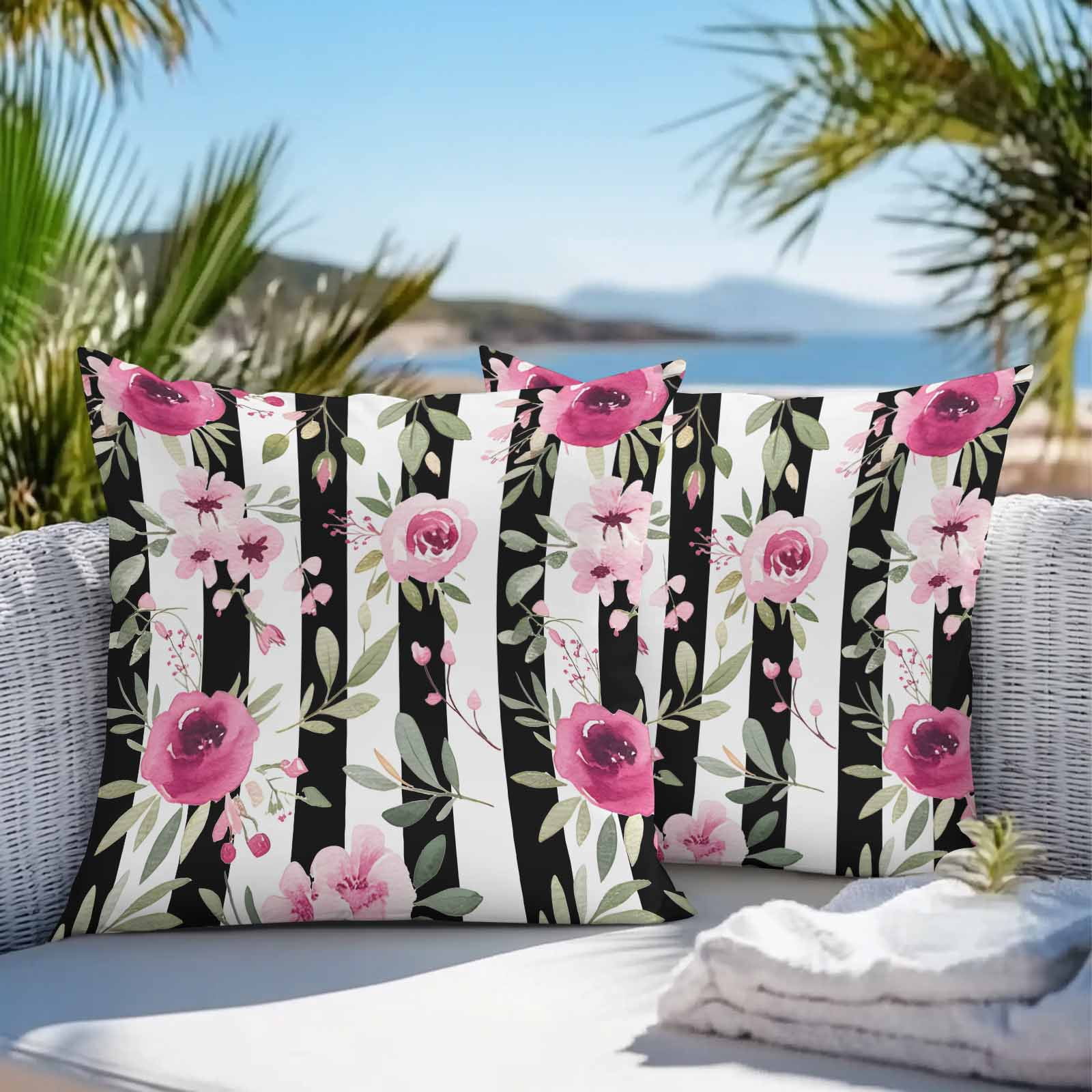 Outdoor Waterproof Throw Pillow Covers Set of 2 Pink Flowers Decorative Pillowcases Square Outdoor Pillows Cushion Case 18x18 Inch Floral Leaves Black Stripes Patio Pillows for Couch Sofa Bed Garden