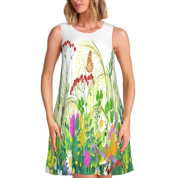 Fotbe Plants and Insects Vestido de Verano sin Mangas para Mujer – Vestido Midi Línea A, Estilo Camiseta Floral, Vestido Playero Casual y Fluido