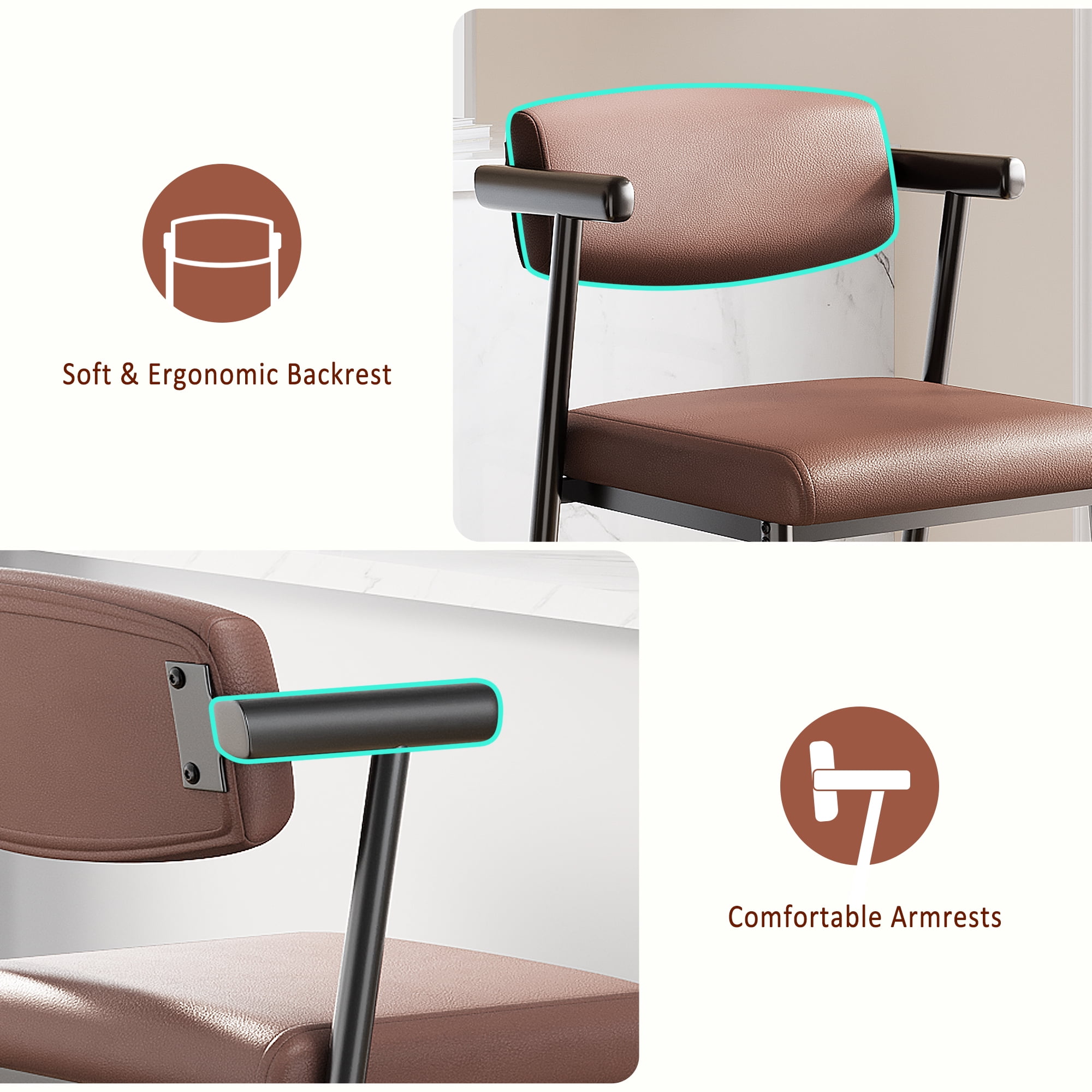 Modern Set of 2 Bar Stools with Arms and Backrest, PU Leather Upholstered, Adjustable Counter Chairs with Metal Legs & Footrest – Ideal for Kitchen Island, Dining Room, Home Bar