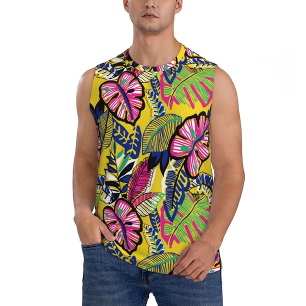Fotbe Colrful Tropical Leaves Men's Camiseta sin Mangas Estampada para Hombres, Playera Casual para Gimnasio, Entrenamiento, Playa-Large