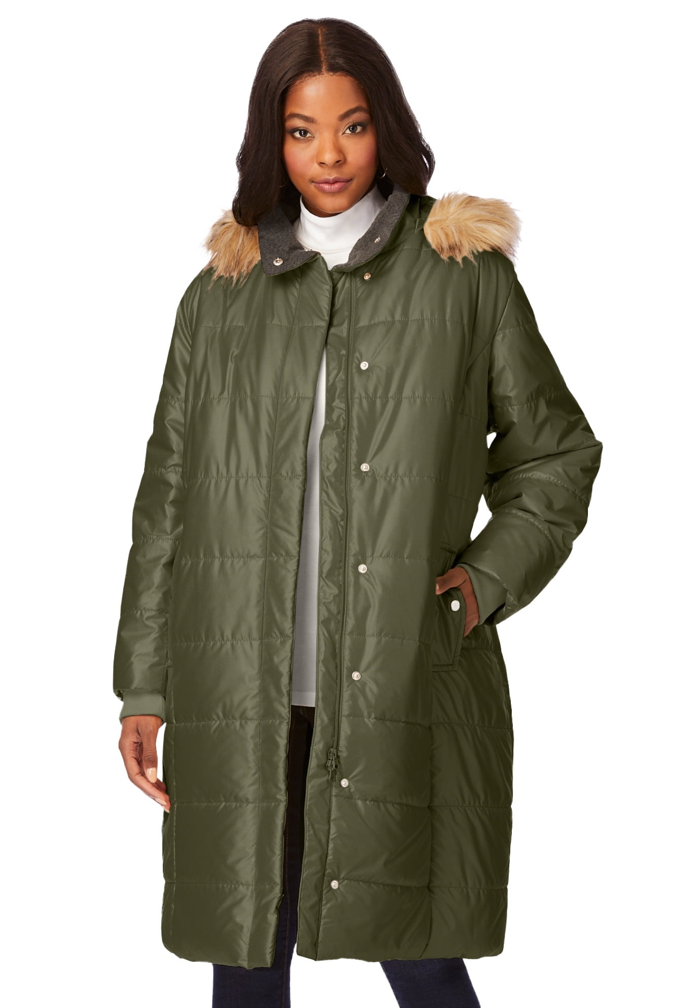 Roaman's Women's Plus Size Mid-Length Puffer Jacket With Hood Winter ...