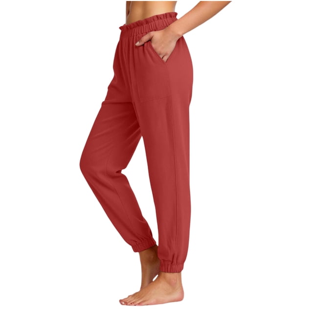 Summer Pants for Women Ruffle Elastic Waist Loose Fitting Lightweight Ruched Pants Casual Cinch Bottom Beach Trousers